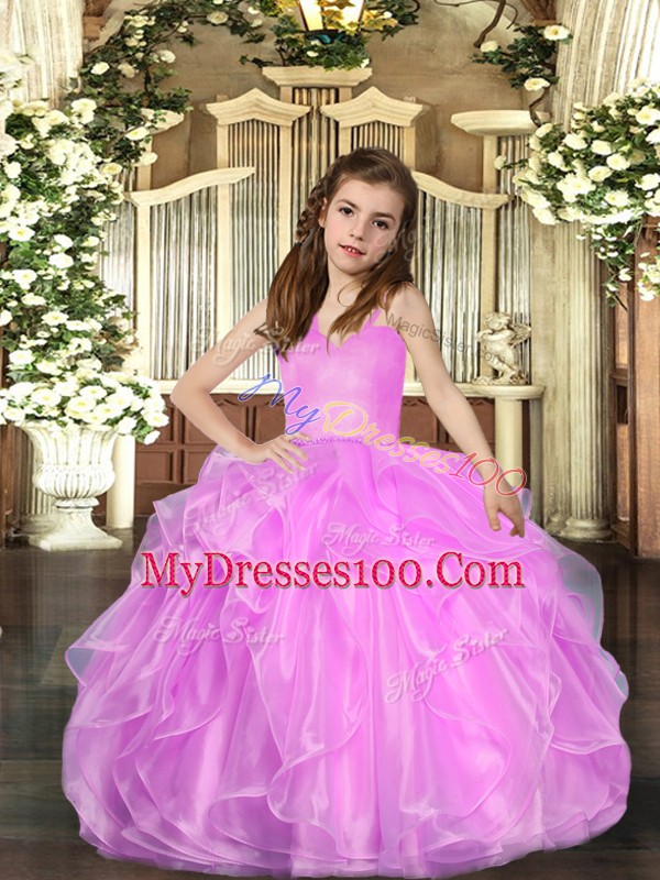 Attractive Floor Length Lilac Glitz Pageant Dress Organza Sleeveless Ruffled Layers