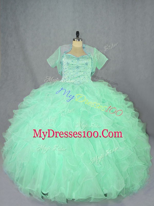On Sale Sweetheart Sleeveless Sweet 16 Dresses Floor Length Beading and Ruffles Apple Green Organza