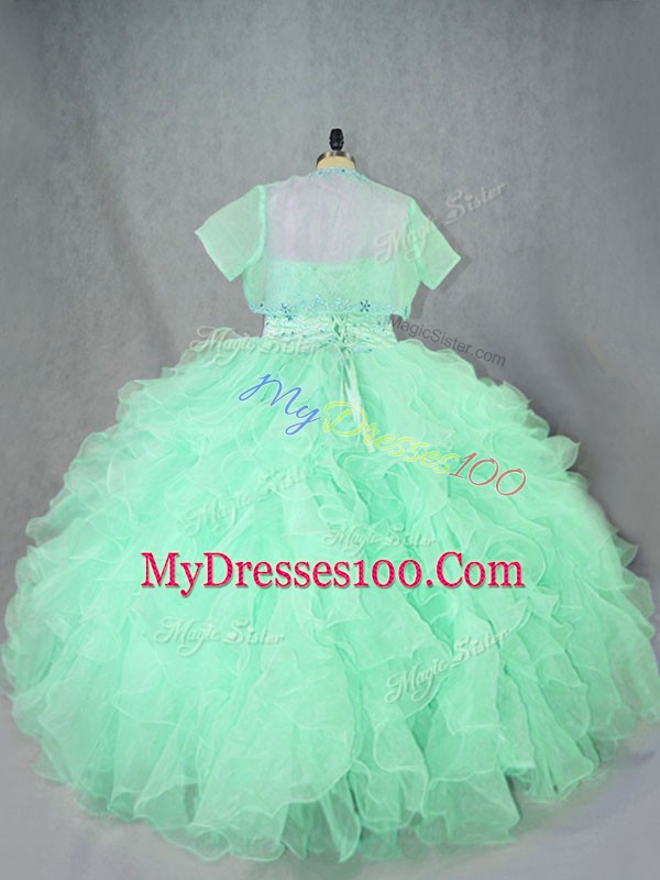 On Sale Sweetheart Sleeveless Sweet 16 Dresses Floor Length Beading and Ruffles Apple Green Organza
