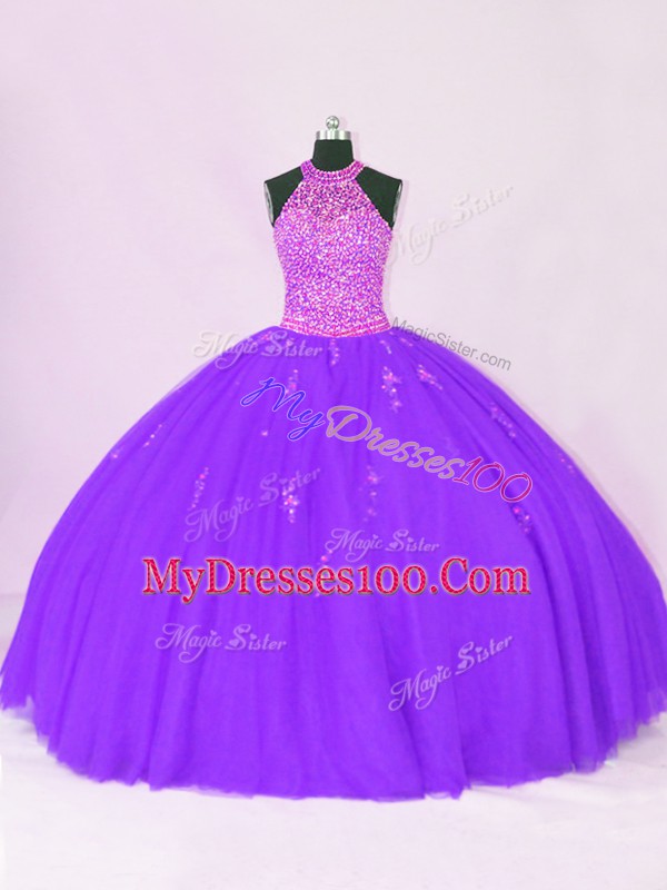 Traditional Ball Gowns Quince Ball Gowns Purple Halter Top Organza Sleeveless Floor Length Lace Up