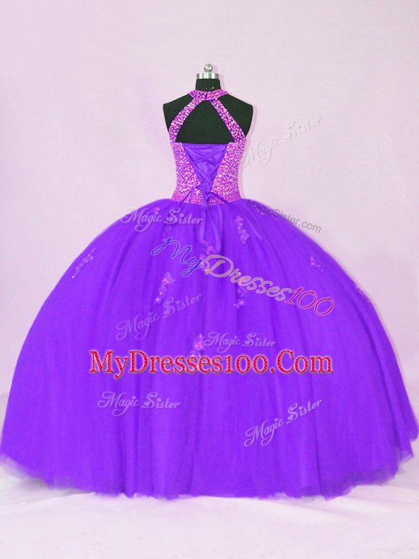 Traditional Ball Gowns Quince Ball Gowns Purple Halter Top Organza Sleeveless Floor Length Lace Up