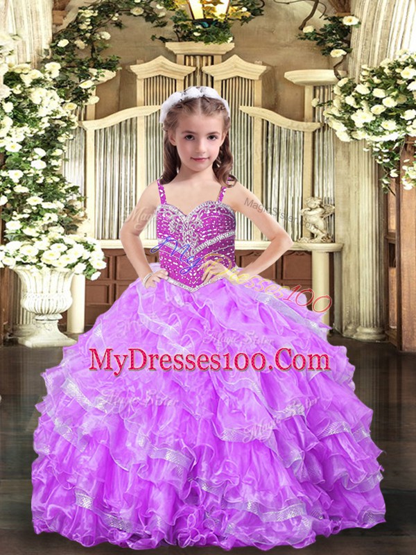 Popular Lilac Ball Gowns Beading and Ruffles Little Girls Pageant Dress Lace Up Organza Sleeveless Floor Length