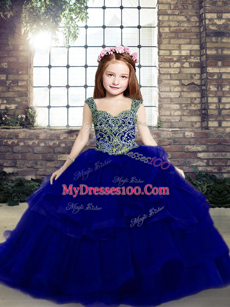 Nice Royal Blue Organza Lace Up Straps Sleeveless Floor Length Little Girls Pageant Dress Beading and Ruffles