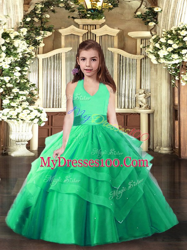 Top Selling Sleeveless Floor Length Ruching Lace Up High School Pageant Dress with Turquoise