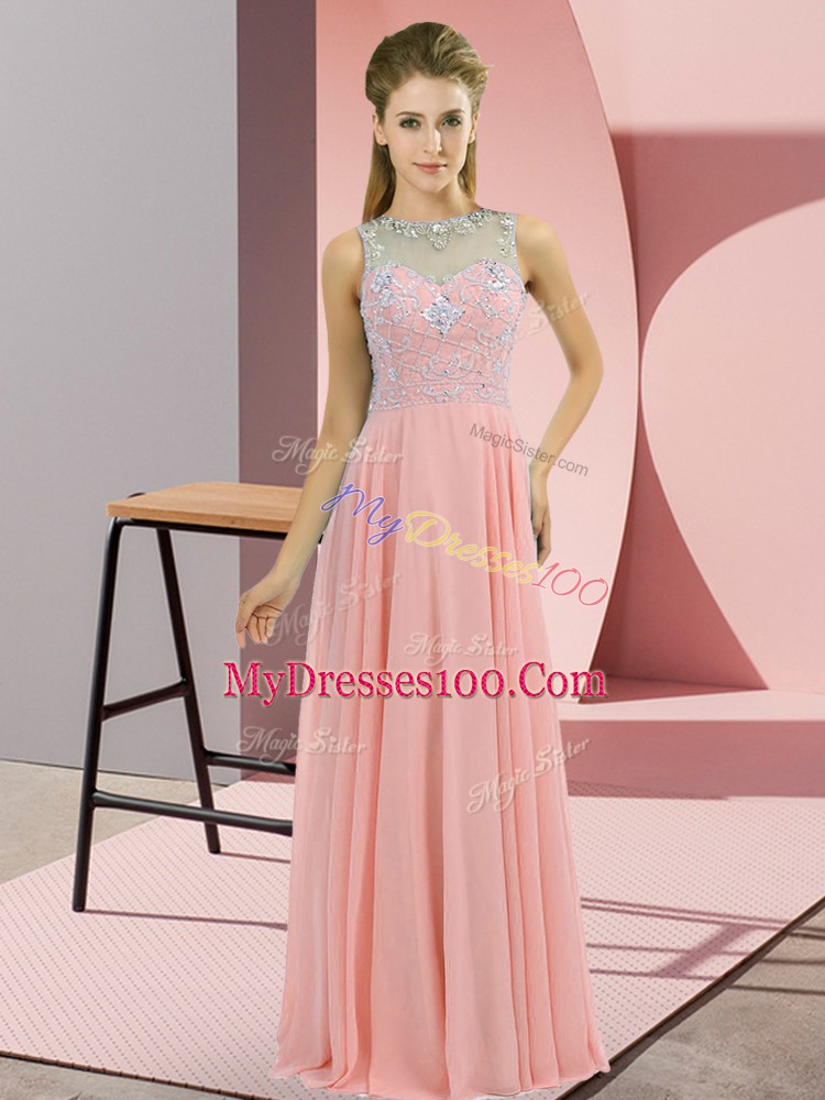 High End Pink Zipper Evening Dress Beading Sleeveless Floor Length