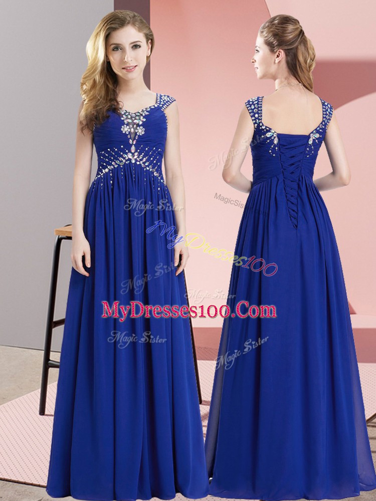 Custom Design Chiffon Straps Sleeveless Lace Up Beading Dress for Prom in Royal Blue