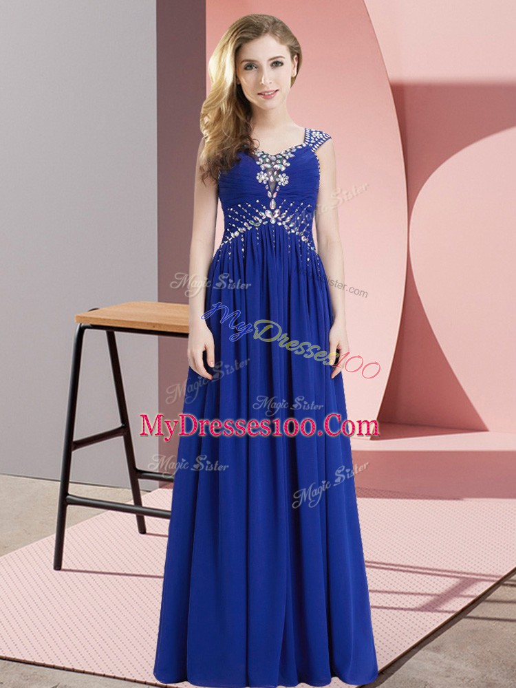 Custom Design Chiffon Straps Sleeveless Lace Up Beading Dress for Prom in Royal Blue