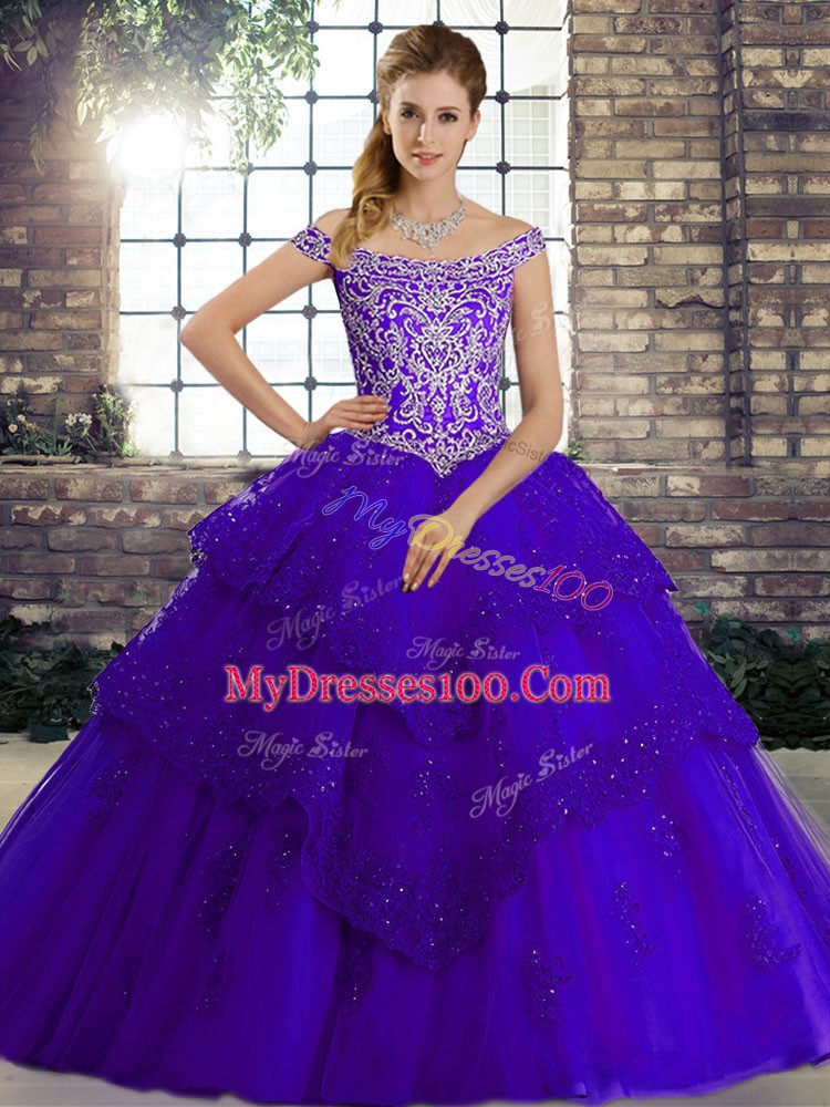 Lovely Off The Shoulder Sleeveless Vestidos de Quinceanera Brush Train Beading and Lace Purple Tulle