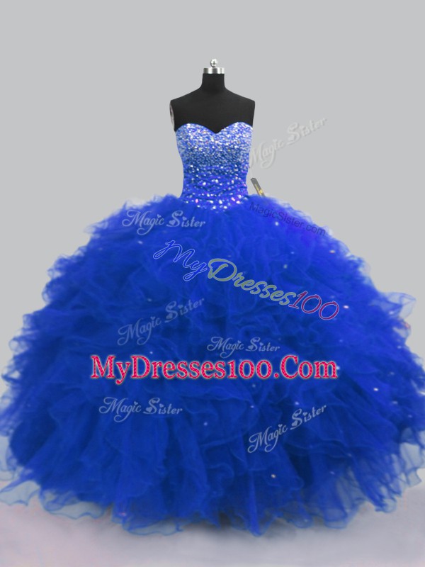 Top Selling Royal Blue Sweetheart Lace Up Beading and Ruffles Sweet 16 Quinceanera Dress Sleeveless