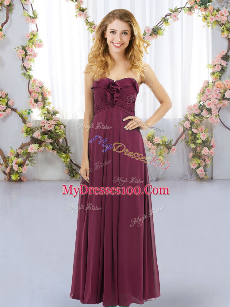 Cheap Burgundy Empire Ruffles Court Dresses for Sweet 16 Lace Up Chiffon Sleeveless Floor Length