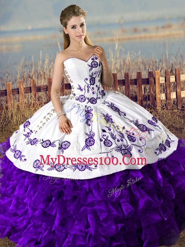 Sweetheart Sleeveless Satin and Organza Sweet 16 Quinceanera Dress Embroidery and Ruffles Lace Up