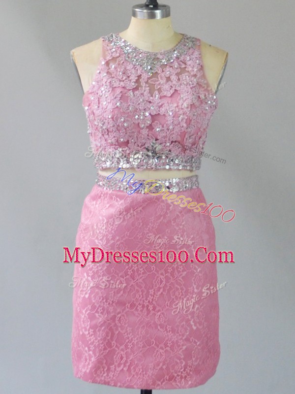 Luxury Scoop Sleeveless Zipper Prom Gown Baby Pink Lace