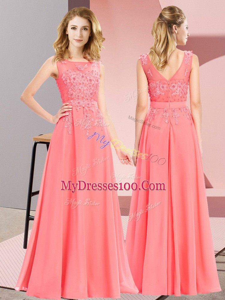 Watermelon Red Zipper Bridesmaids Dress Beading and Appliques Sleeveless Floor Length
