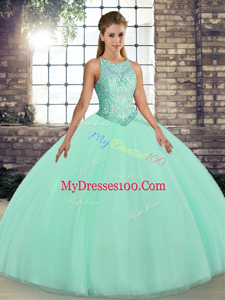 Dazzling Apple Green Tulle Lace Up Quinceanera Gown Sleeveless Floor Length Embroidery