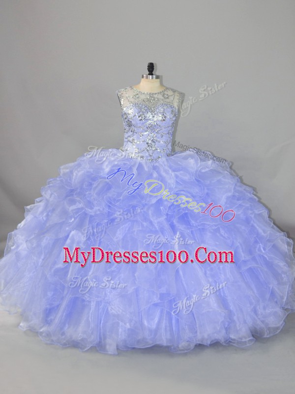 Deluxe Lavender Organza Lace Up Quinceanera Dresses Sleeveless Floor Length Beading and Ruffles
