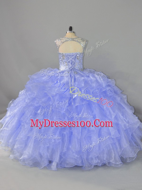 Deluxe Lavender Organza Lace Up Quinceanera Dresses Sleeveless Floor Length Beading and Ruffles