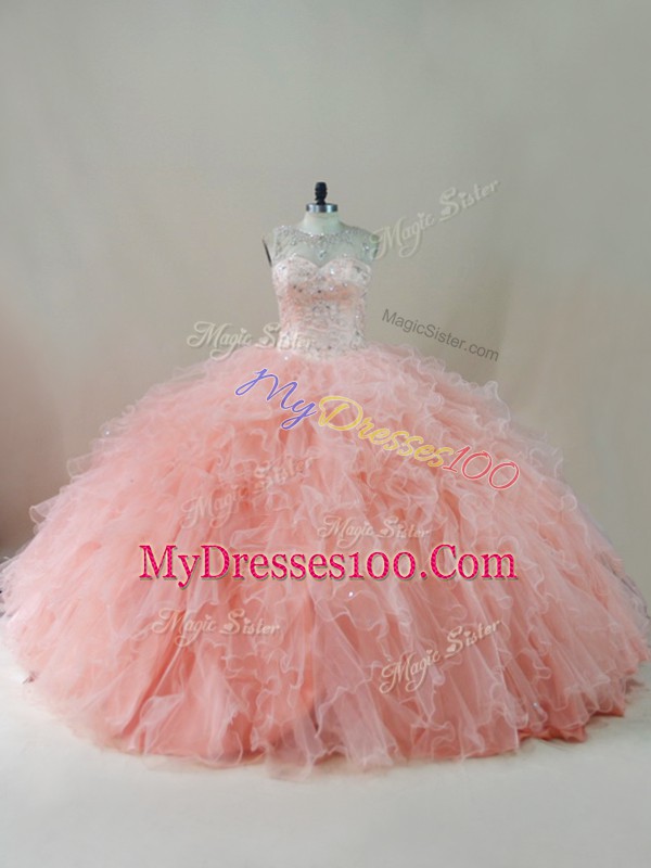 Stylish Peach Lace Up Sweet 16 Dress Beading and Ruffles Sleeveless Floor Length