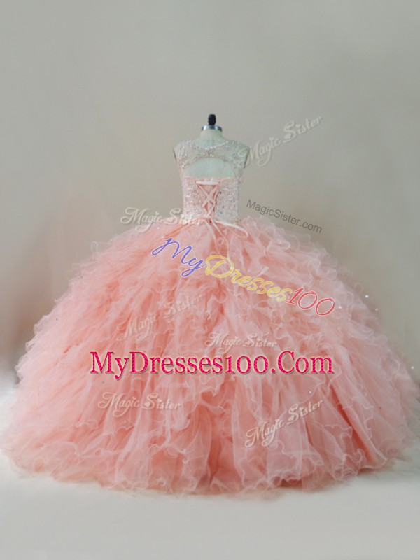Stylish Peach Lace Up Sweet 16 Dress Beading and Ruffles Sleeveless Floor Length