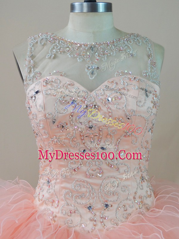 Stylish Peach Lace Up Sweet 16 Dress Beading and Ruffles Sleeveless Floor Length
