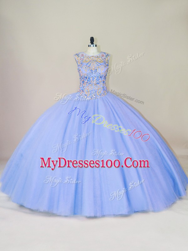 Lavender Ball Gowns Scoop Sleeveless Tulle Floor Length Lace Up Beading 15 Quinceanera Dress