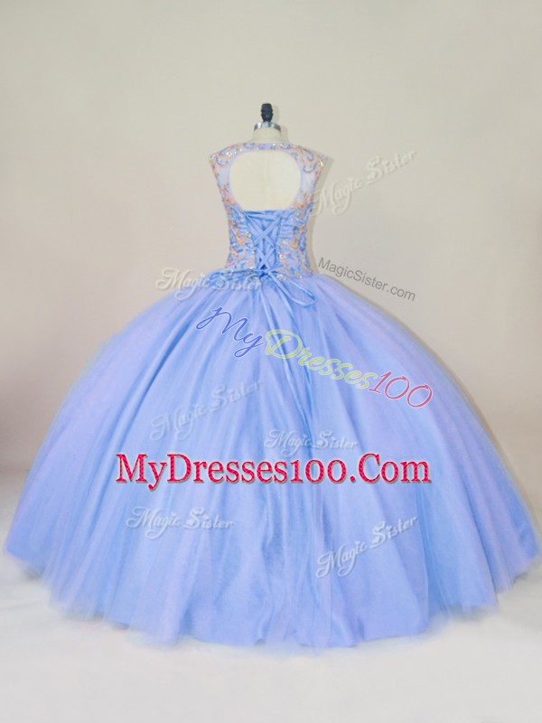 Lavender Ball Gowns Scoop Sleeveless Tulle Floor Length Lace Up Beading 15 Quinceanera Dress