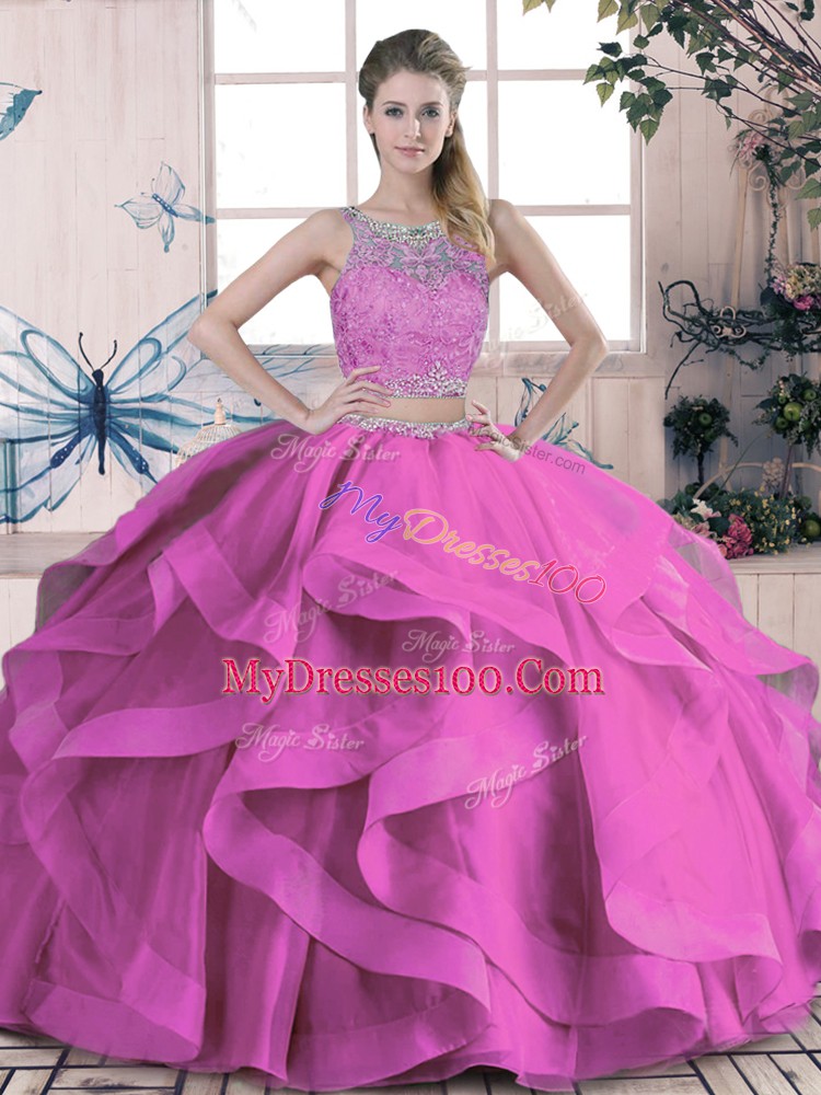 Lilac Two Pieces Scoop Sleeveless Tulle Floor Length Lace Up Beading and Lace and Ruffles Sweet 16 Dresses