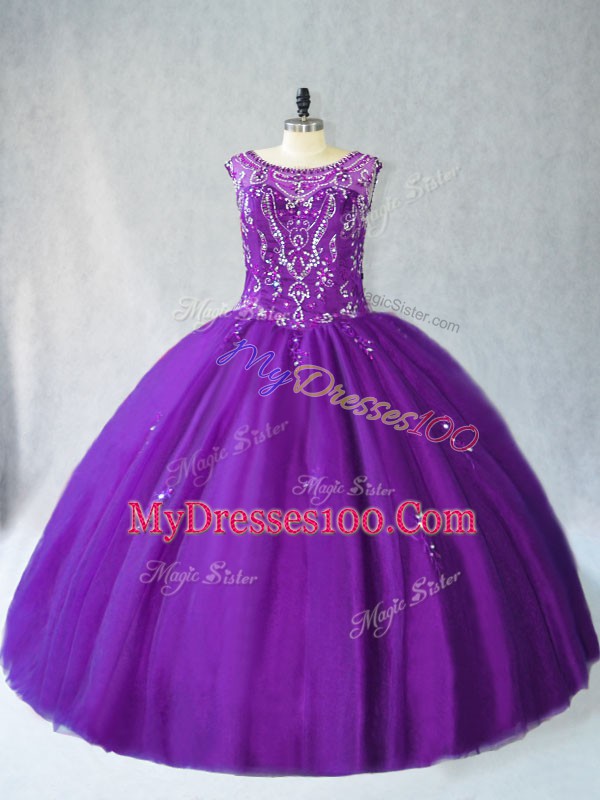 Purple Sleeveless Beading and Appliques Floor Length 15th Birthday Dress