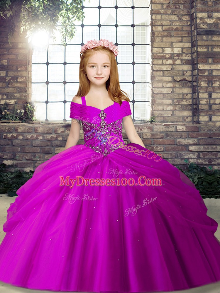 Popular Fuchsia Lace Up Beading Little Girl Pageant Dress Tulle Sleeveless