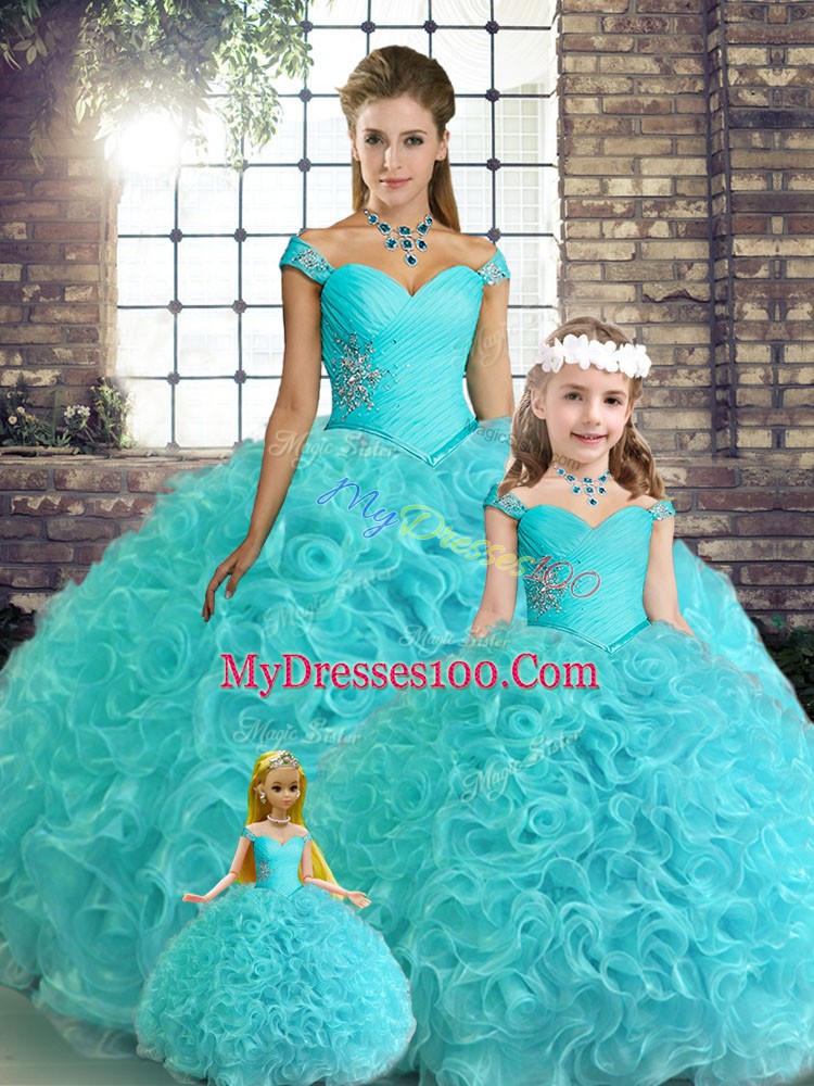 Aqua Blue Ball Gowns Fabric With Rolling Flowers Off The Shoulder Sleeveless Beading Floor Length Lace Up Sweet 16 Quinceanera Dress