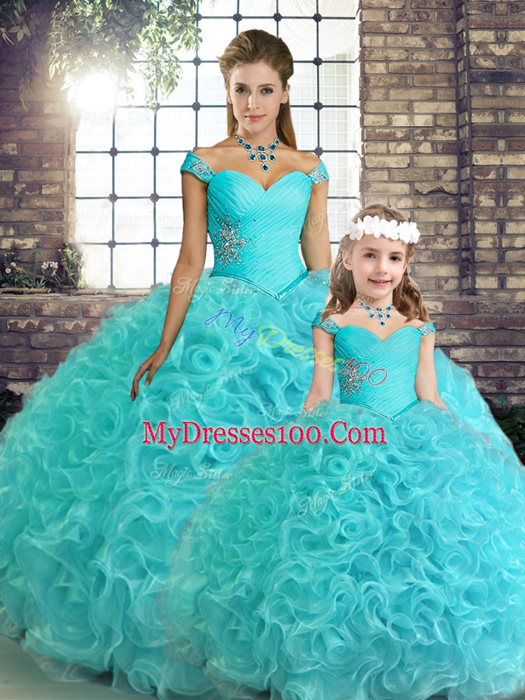 Aqua Blue Ball Gowns Fabric With Rolling Flowers Off The Shoulder Sleeveless Beading Floor Length Lace Up Sweet 16 Quinceanera Dress