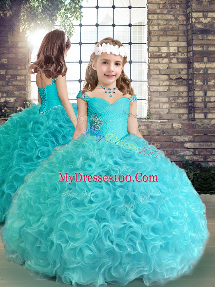 Aqua Blue Ball Gowns Fabric With Rolling Flowers Off The Shoulder Sleeveless Beading Floor Length Lace Up Sweet 16 Quinceanera Dress