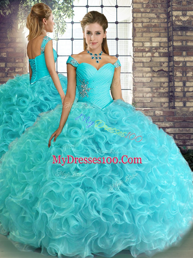 Aqua Blue Ball Gowns Fabric With Rolling Flowers Off The Shoulder Sleeveless Beading Floor Length Lace Up Sweet 16 Quinceanera Dress