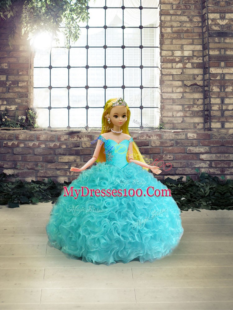 Aqua Blue Ball Gowns Fabric With Rolling Flowers Off The Shoulder Sleeveless Beading Floor Length Lace Up Sweet 16 Quinceanera Dress