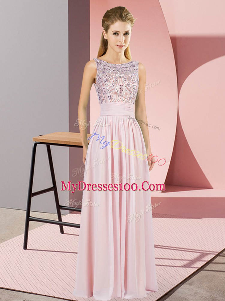 Flirting Pink Prom and Party and Military Ball with Beading Scoop Sleeveless Backless