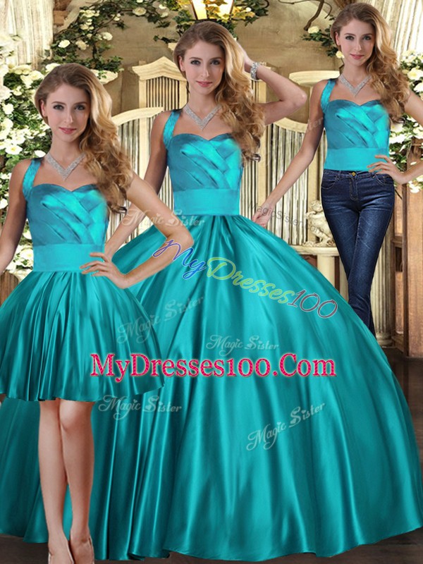 Floor Length Lace Up Quince Ball Gowns Teal for Military Ball and Sweet 16 and Quinceanera with Ruching