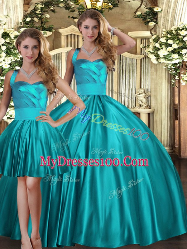Floor Length Lace Up Quince Ball Gowns Teal for Military Ball and Sweet 16 and Quinceanera with Ruching
