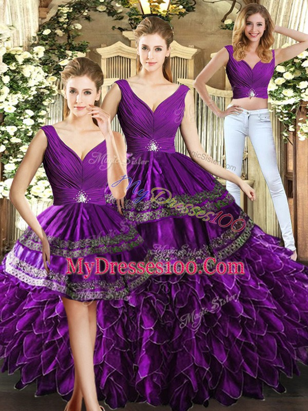 Dazzling Sleeveless Floor Length Beading and Embroidery and Ruffles Backless Quince Ball Gowns with Purple