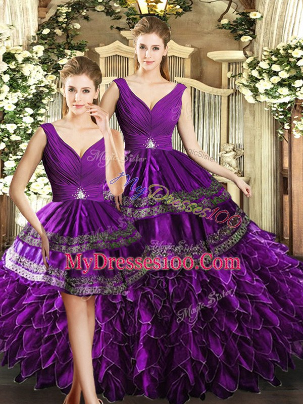 Dazzling Sleeveless Floor Length Beading and Embroidery and Ruffles Backless Quince Ball Gowns with Purple