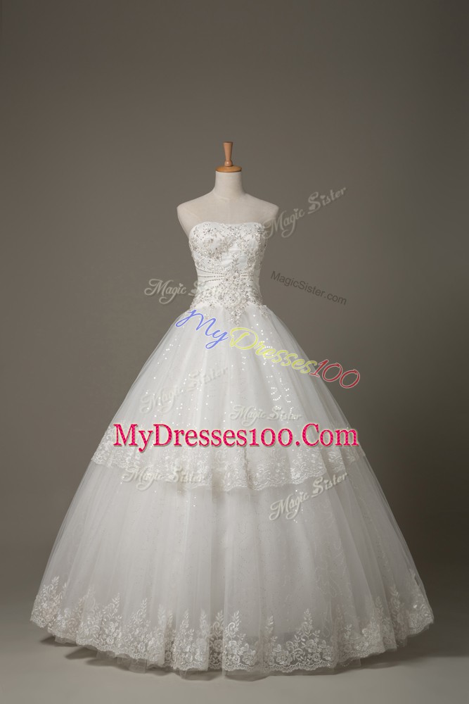 Stylish Floor Length White Wedding Gowns Tulle Sleeveless Beading and Lace