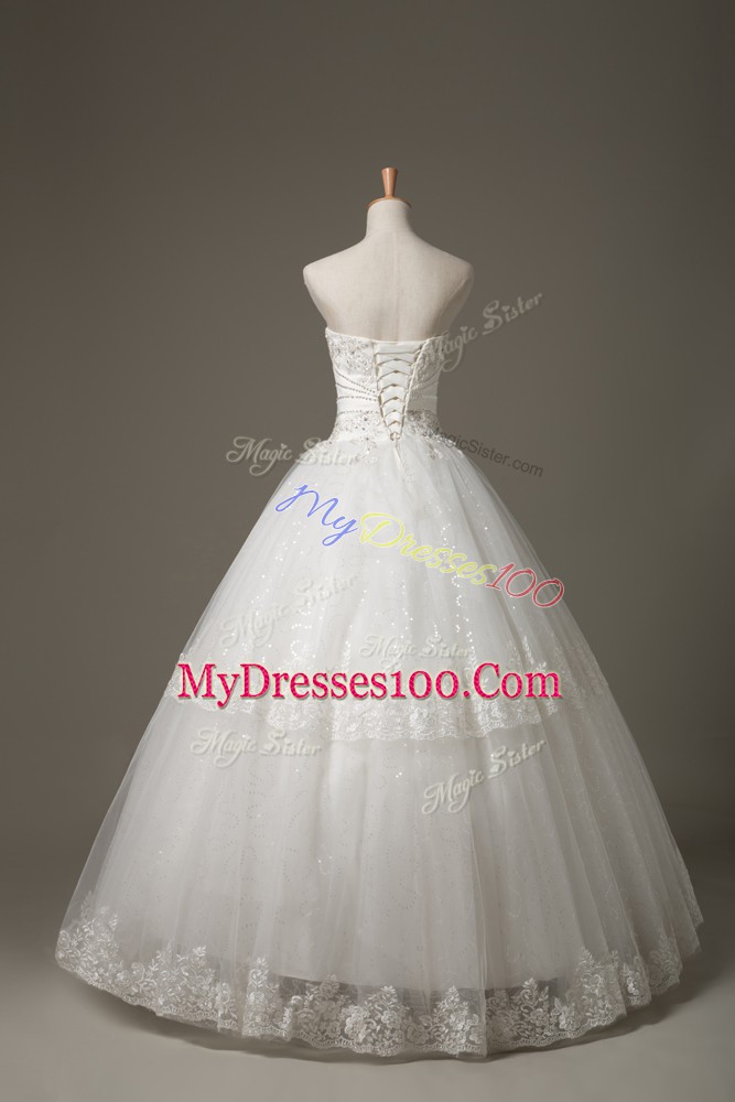 Stylish Floor Length White Wedding Gowns Tulle Sleeveless Beading and Lace