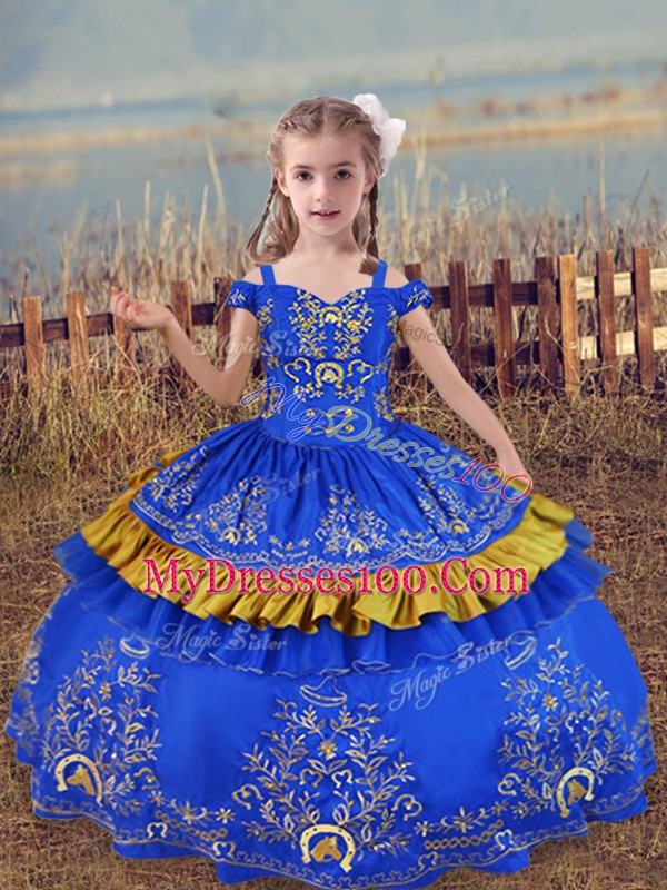 Blue Sleeveless Beading and Embroidery Floor Length Little Girls Pageant Gowns