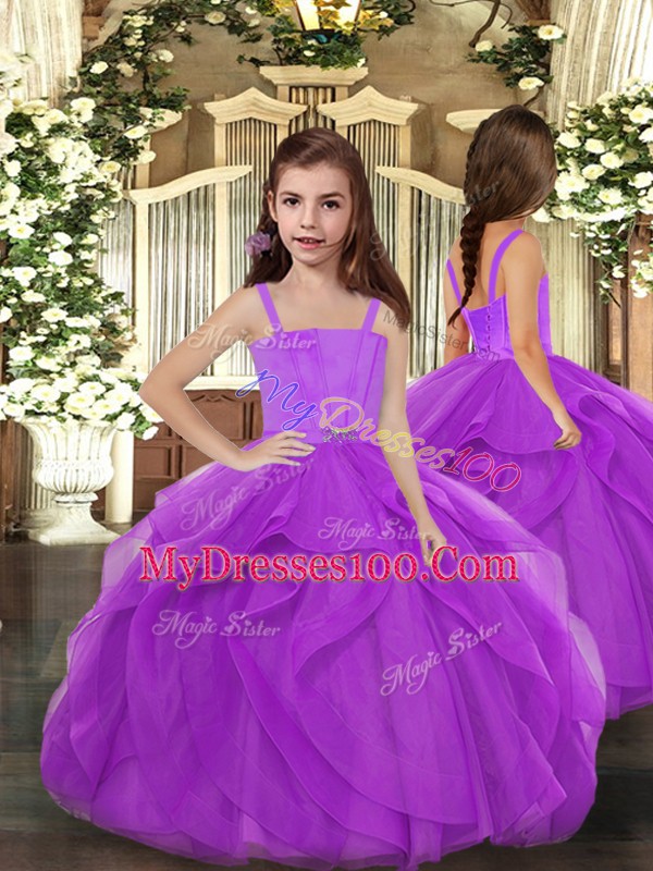 Floor Length Lace Up Pageant Gowns For Girls Purple for Party and Wedding Party with Ruffles