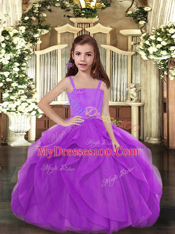 Floor Length Lace Up Pageant Gowns For Girls Purple for Party and Wedding Party with Ruffles