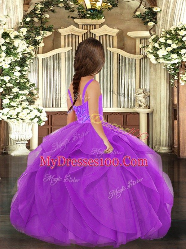 Floor Length Lace Up Pageant Gowns For Girls Purple for Party and Wedding Party with Ruffles