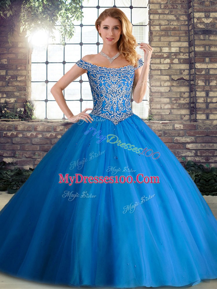 Sweet Blue Sleeveless Beading Lace Up Quinceanera Gown