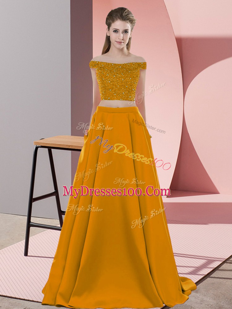High Quality Two Pieces Sleeveless Brown Prom Evening Gown Sweep Train Backless