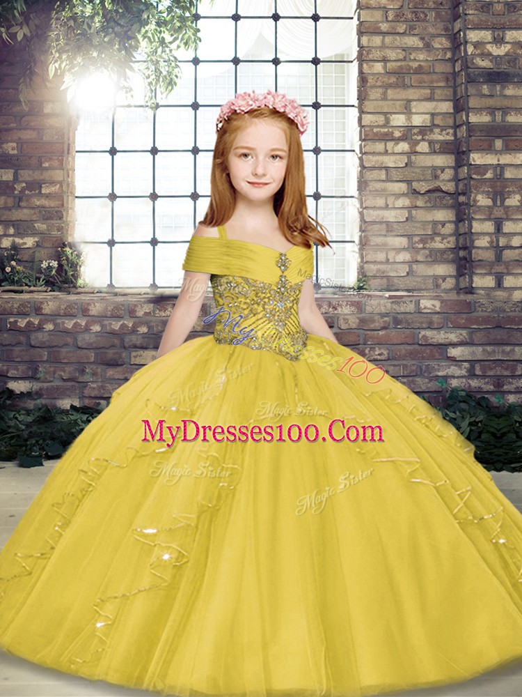 Tulle Straps Sleeveless Lace Up Beading Pageant Gowns in Yellow