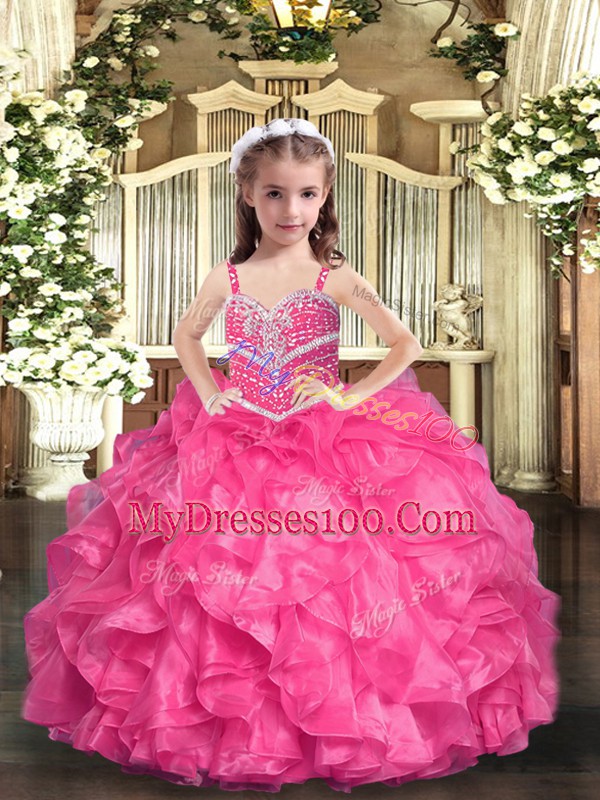 Hot Pink Straps Lace Up Beading and Ruffles Child Pageant Dress Sleeveless