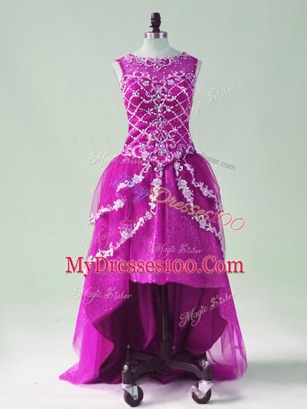 High Low Zipper Prom Gown Fuchsia for Prom and Party with Beading and Appliques