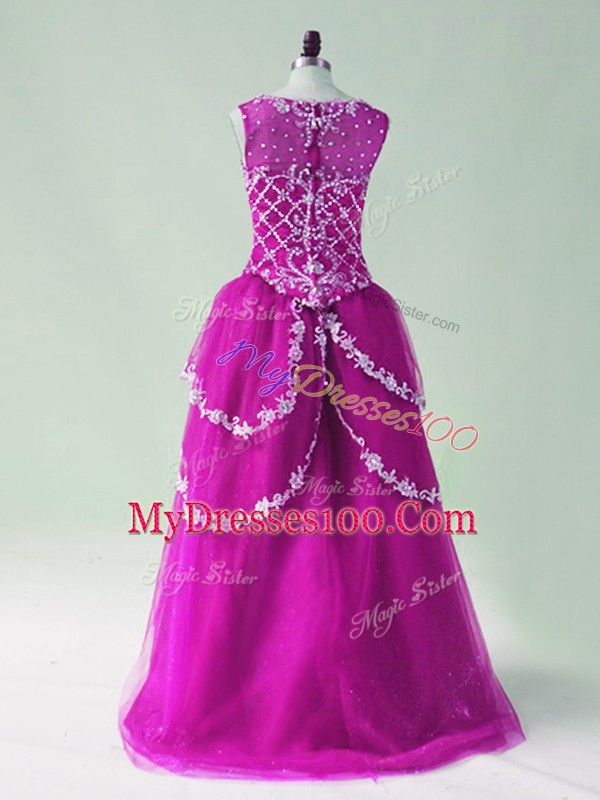 High Low Zipper Prom Gown Fuchsia for Prom and Party with Beading and Appliques